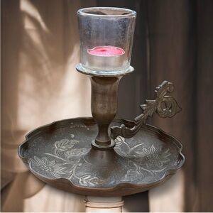 antique brass and glass chamber candlestick holder tea light vintage home decor